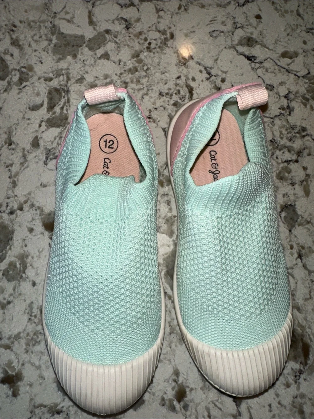 Cat & Jack Mint Green Slip-On Knit Sneakers with Pink Accents. Size 12